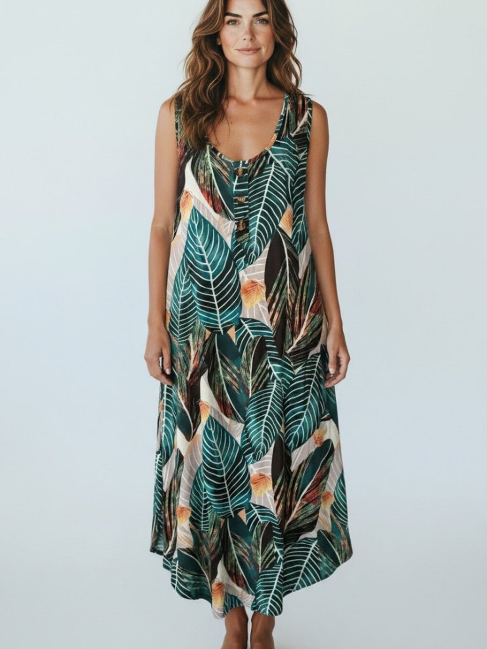 Hawaiian Multi Palm sleeveless sundress, soft and comfy, A-Line, curved Hem XL